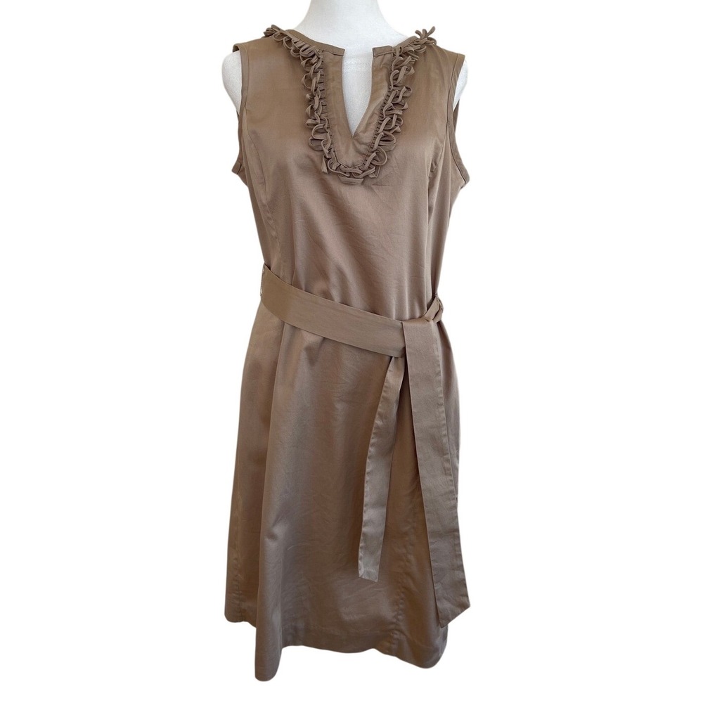 Talbots Ruffle‎ Neck Sleeveless Belted Sheath Dress Tan Khaki  10P